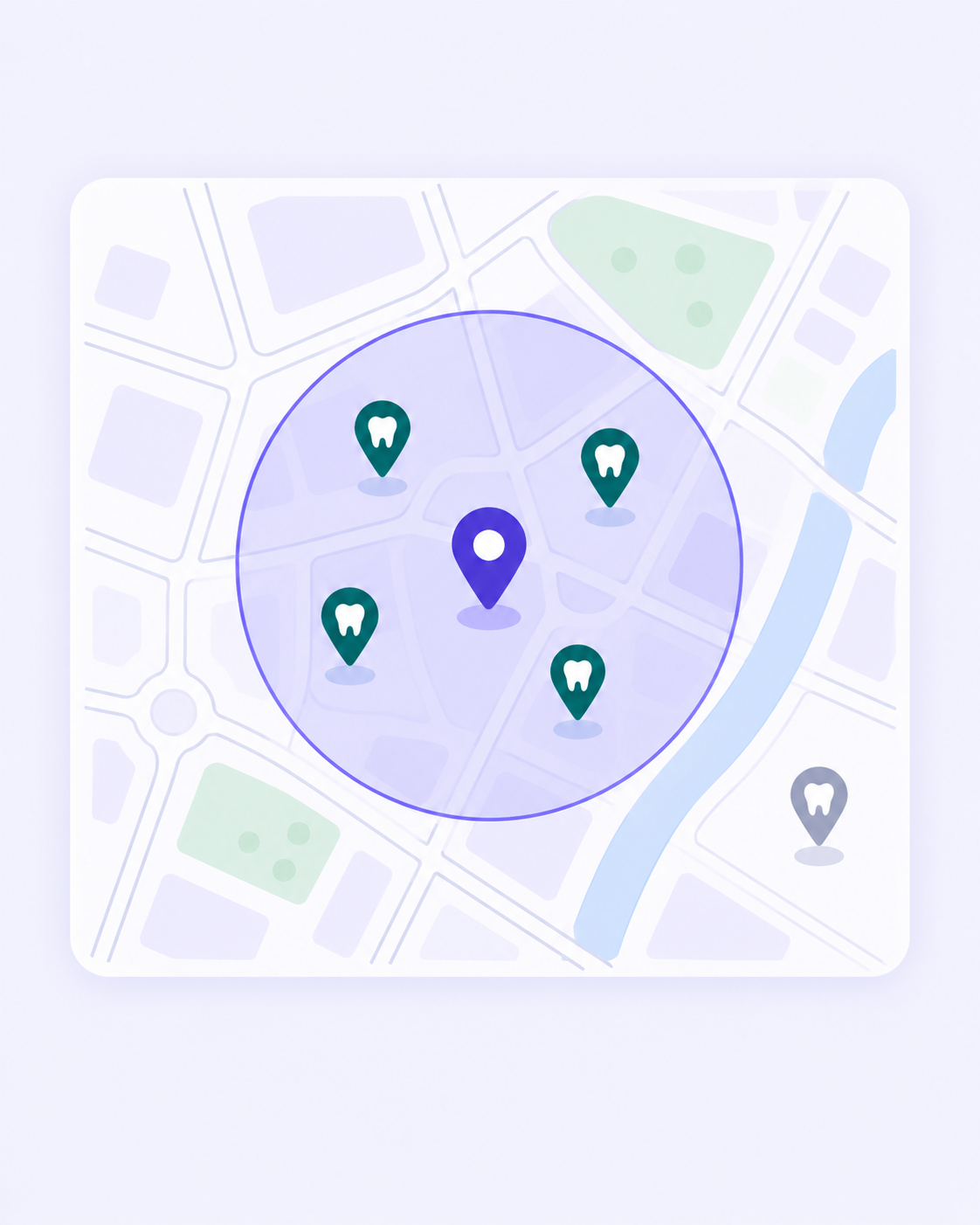 A map pin with a search radius around it and dental clinics inside